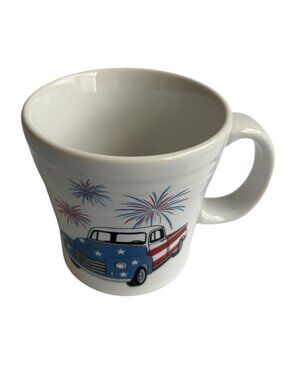 Homer Laughlin Fiesta White 4" Mug With Patriotic Truck & Fireworks 15oz.
